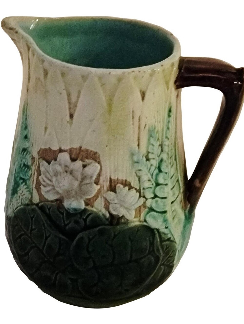 Antique Majolica Creamer Pitcher, Embossed in Earthtone colors with green leaves